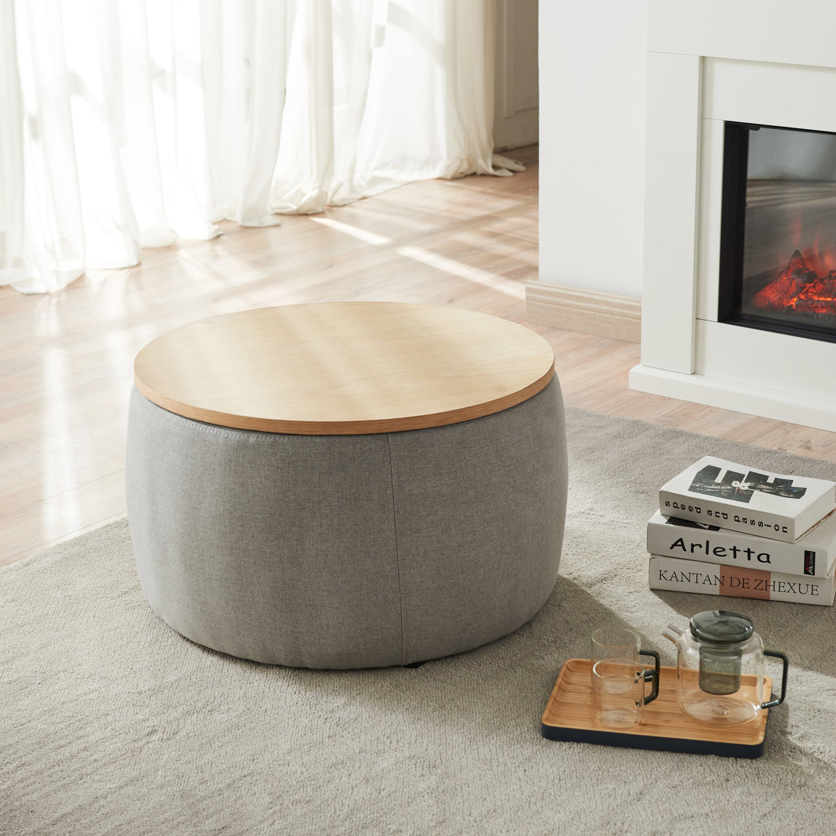 Round Storage Ottoman, 2 in 1 Function, Work as End table and Ottoman, Dark Grey (25.5'x25.5'x14.5')