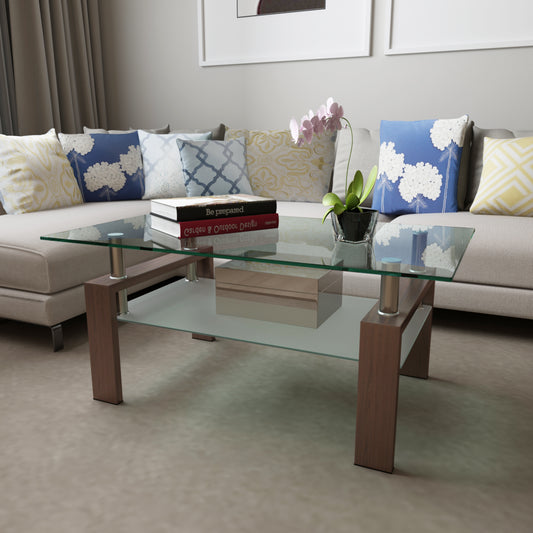 Rectangle Glass Coffee Table, Clear Coffee Table, Modern Side Center Tables, Living Room Furniture – Walnut