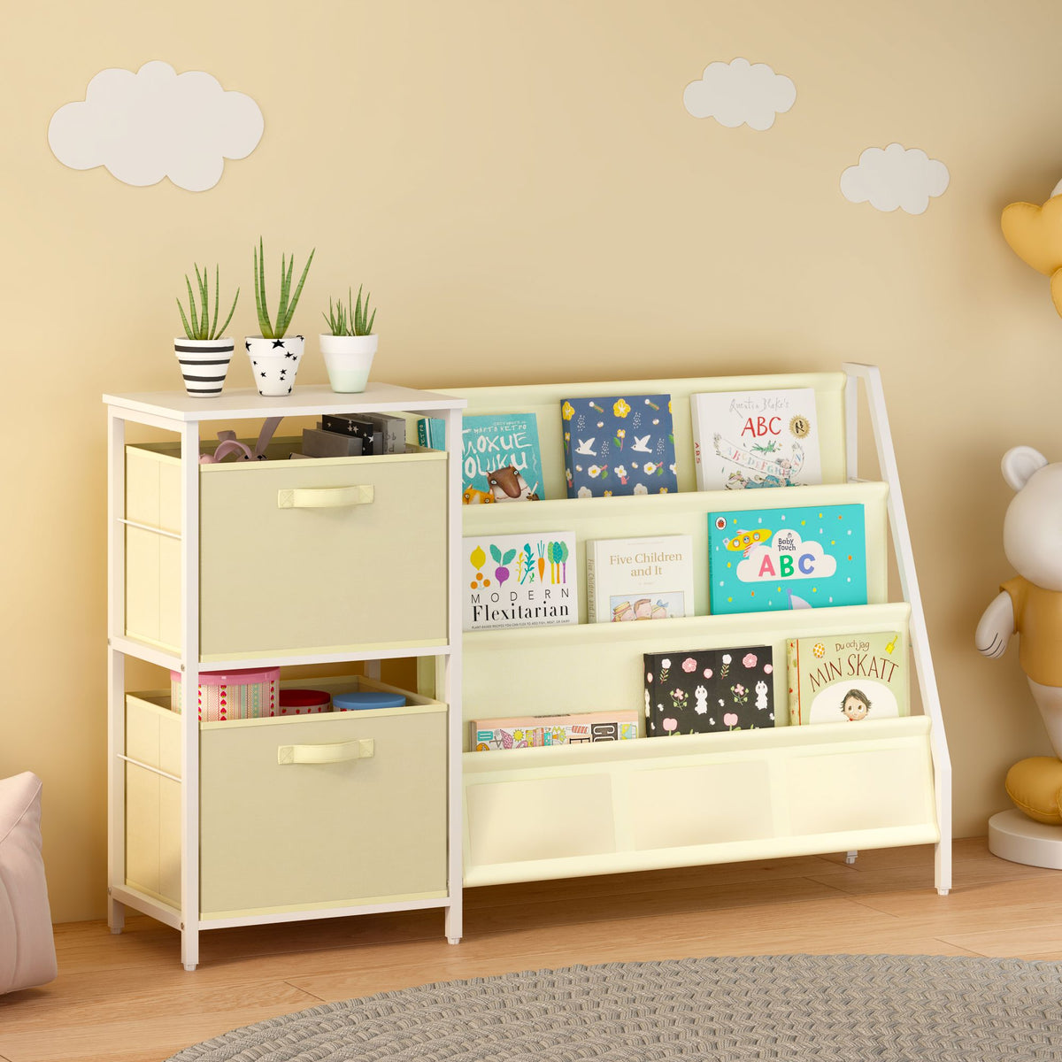 Kids Bookshelf with 3-Tier Front-Facing Book Display, 2 Storage Bins and Bottom Cabinet, Children's Bookcase Organizer for Bedroom, Playroom and Nursery