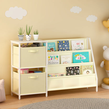 Kids Bookshelf with 3-Tier Front-Facing Book Display, 2 Storage Bins and Bottom Cabinet, Children's Bookcase Organizer for Bedroom, Playroom and Nursery