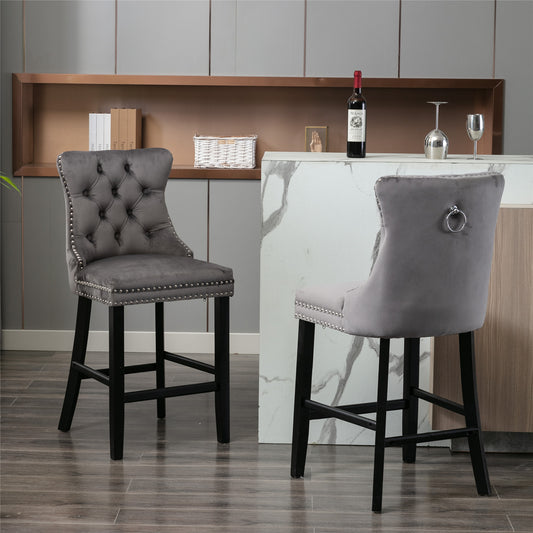 Contemporary Velvet Upholstered Barstools with Button Tufted Decoration and Wooden Legs, and Chrome Nailhead Trim, Leisure Style Bar Chairs - Gray
