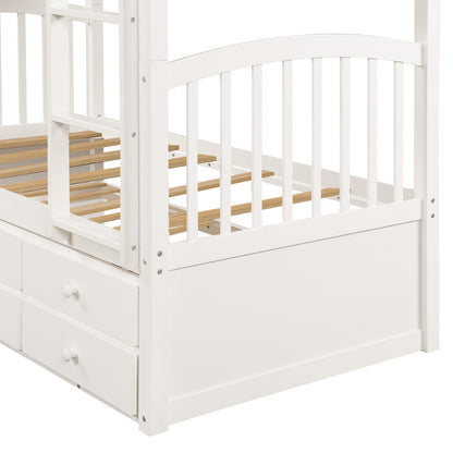 Twin Bunk Bed with Ladder, Safety Rail, Twin Trundle Bed with 3 Drawers for Teens Bedroom, Guest Room Furniture(White)(OLD SKU :LT000071AAK)