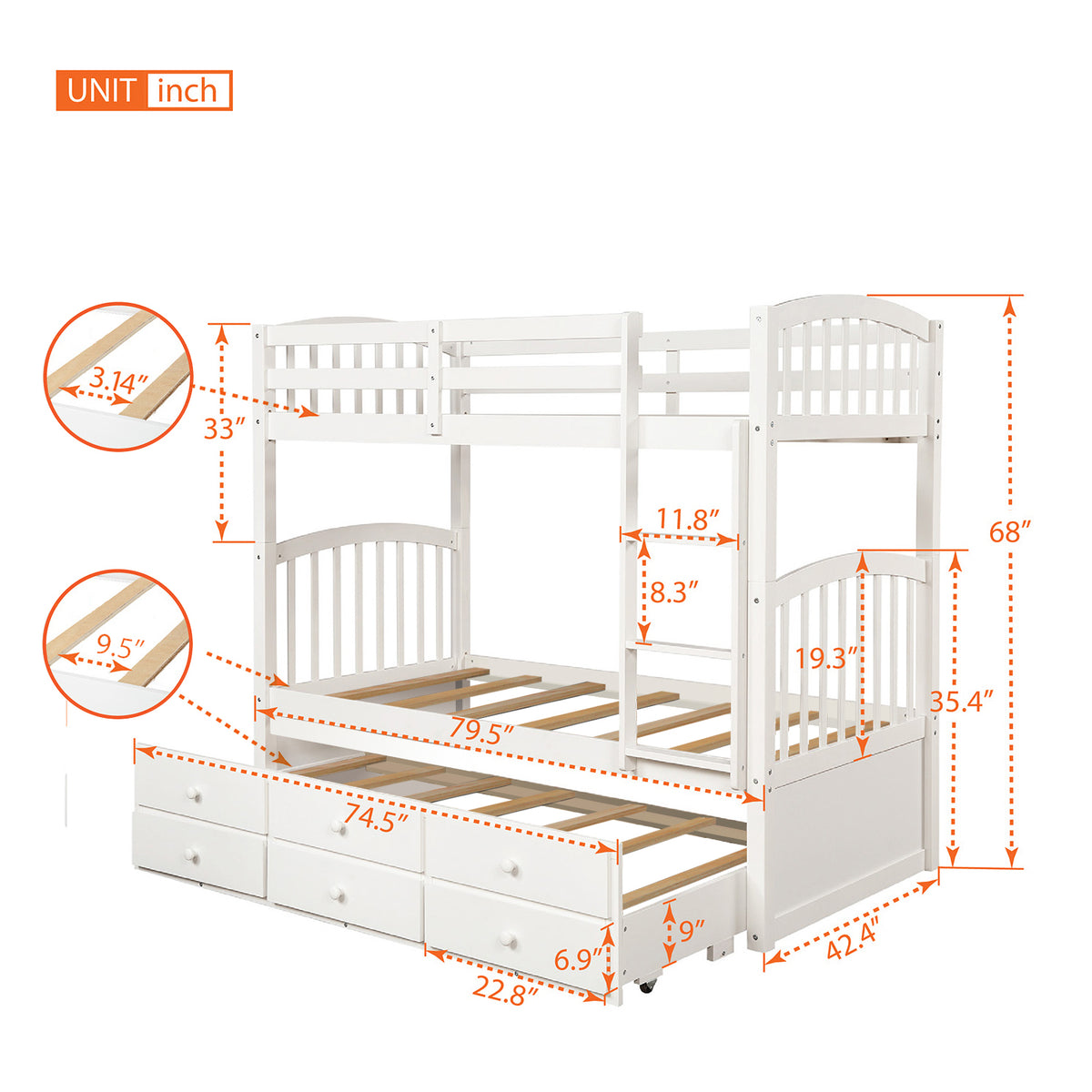 Twin Bunk Bed with Ladder, Safety Rail, Twin Trundle Bed with 3 Drawers for Teens Bedroom, Guest Room Furniture(White)(OLD SKU :LT000071AAK)