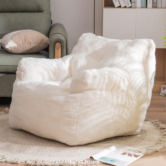 Ivory White Soft Teddy Fabric Tufted Foam Bean Bag Chair with Memory Sponge