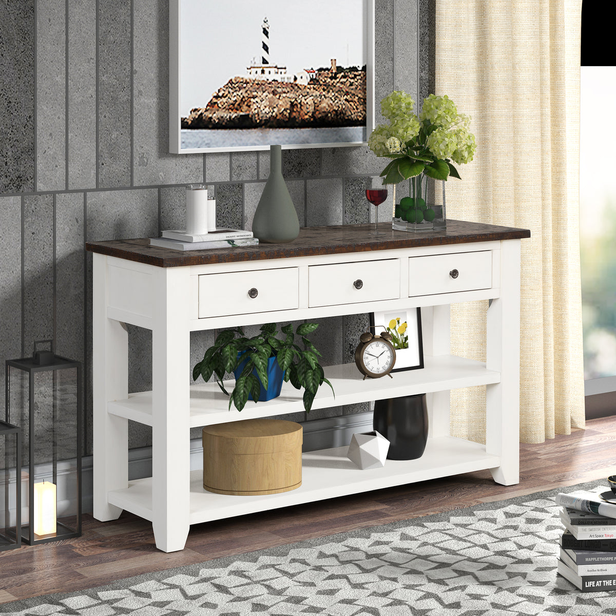 48'' Solid Pine Wood Top Console Table, Modern Entryway Sofa Side Table with 3 Storage Drawers and 2 Shelves. Easy to Assemble (Antique