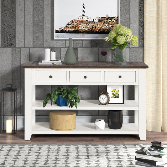 48'' Solid Pine Wood Top Console Table, Modern Entryway Sofa Side Table with 3 Storage Drawers and 2 Shelves. Easy to Assemble (Antique