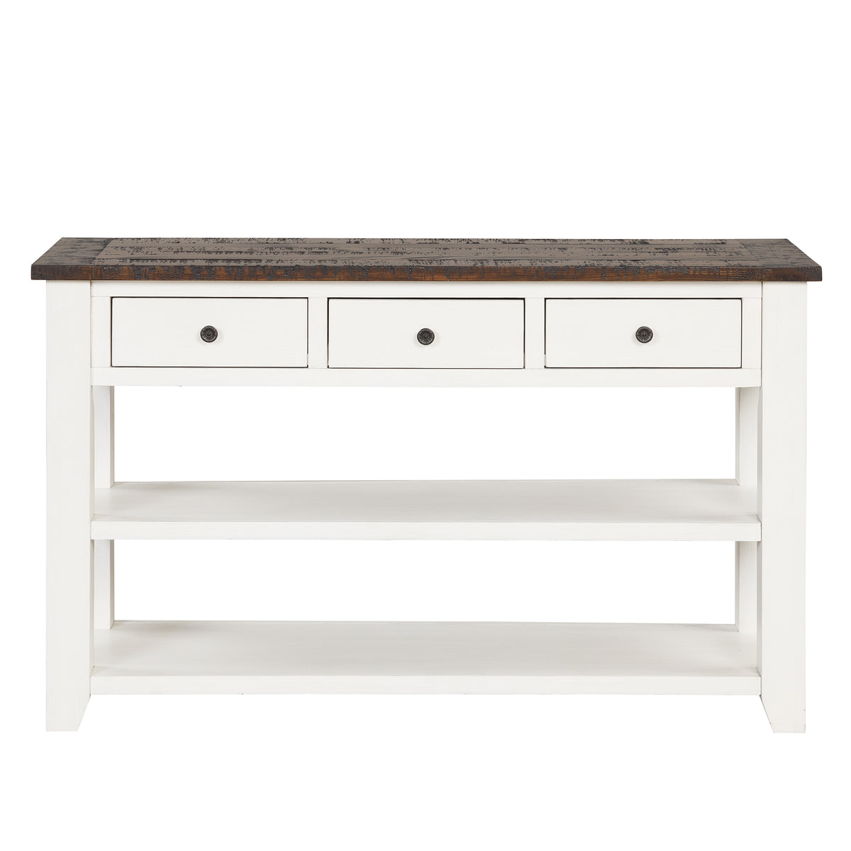48'' Solid Pine Wood Top Console Table, Modern Entryway Sofa Side Table with 3 Storage Drawers and 2 Shelves. Easy to Assemble (Antique