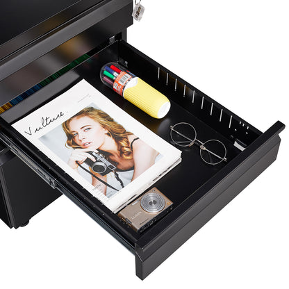 [Installation required] 3-drawer mobile filing cabinet with lock, office storage filing cabinet of legal/letter size, metal filing cabinet to be Installation required (black)