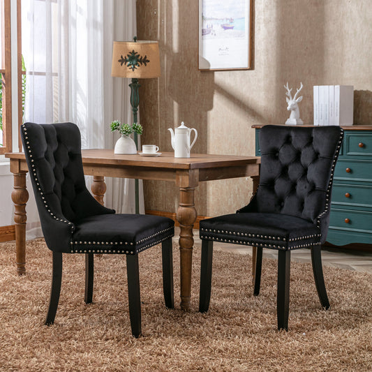 Nikki Collection Modern, High-end Tufted Solid Wood Contemporary Velvet Upholstered Dining Chair with Wood Legs Nailhead Trim 2-Pcs Set – Black