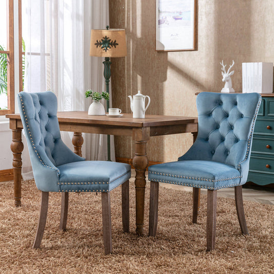 Nikki Collection Modern, High-end Tufted Solid Wood Contemporary Velvet Upholstered Dining Chair with Wood Legs Nailhead Trim 2-Pcs Set – Blue