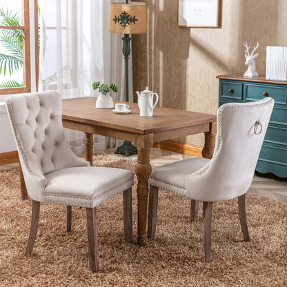 Nikki Collection Modern, High-end Tufted Solid Wood Contemporary Velvet Upholstered Dining Chair with Wood Legs Nailhead Trim 2-Pcs Set – Beige