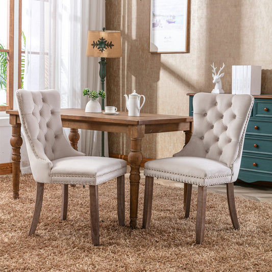 Nikki Collection Modern, High-end Tufted Solid Wood Contemporary Velvet Upholstered Dining Chair with Wood Legs Nailhead Trim 2-Pcs Set – Beige
