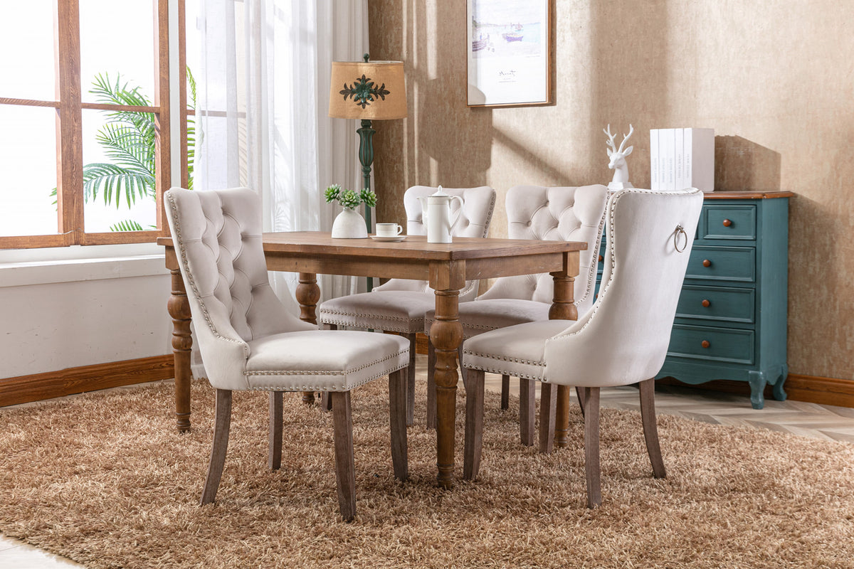 Nikki Collection Modern, High-end Tufted Solid Wood Contemporary Velvet Upholstered Dining Chair with Wood Legs Nailhead Trim 2-Pcs Set – Beige