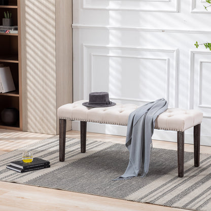 Heng Ming Upholstered Tufted Bench Ottoman, Velvet Dining Bench Bedroom Bench Footrest Stool Accent Bench, Beige