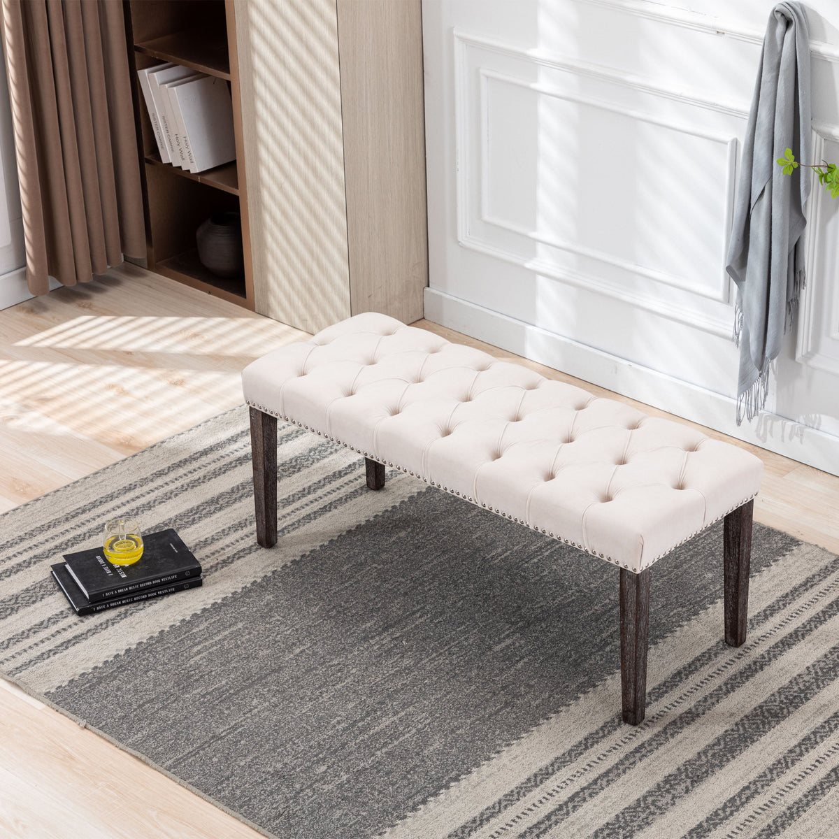 Heng Ming Upholstered Tufted Bench Ottoman, Velvet Dining Bench Bedroom Bench Footrest Stool Accent Bench, Beige