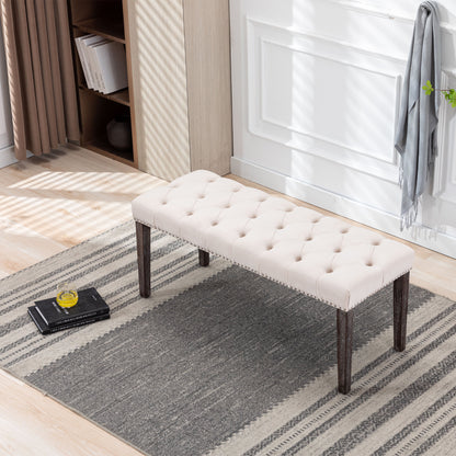 Heng Ming Upholstered Tufted Bench Ottoman, Velvet Dining Bench Bedroom Bench Footrest Stool Accent Bench, Beige