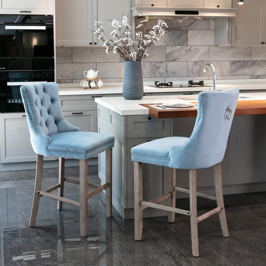 Contemporary Velvet Upholstered Barstools with Button Tufted Decoration and Wooden Legs, and Chrome Nailhead Trim, Leisure Style Bar Chairs – Blue
