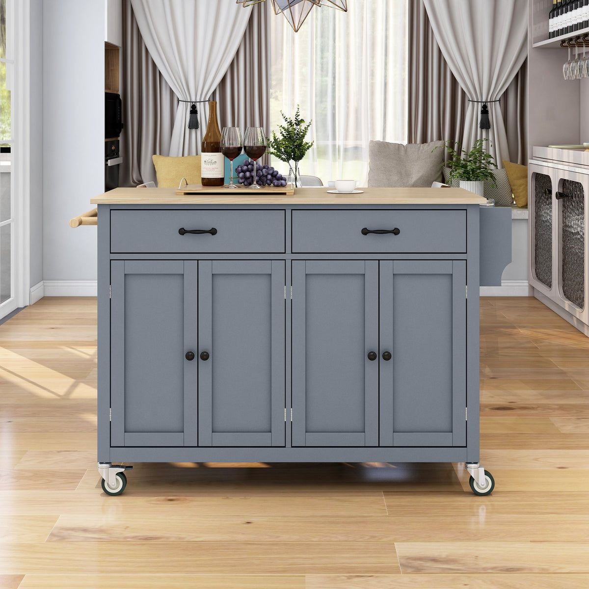 Kitchen Island Cart with Solid Wood Top and Locking Wheels, 54.3 Inch Width, 4 Door Cabinet and Two Drawers, Spice Rack