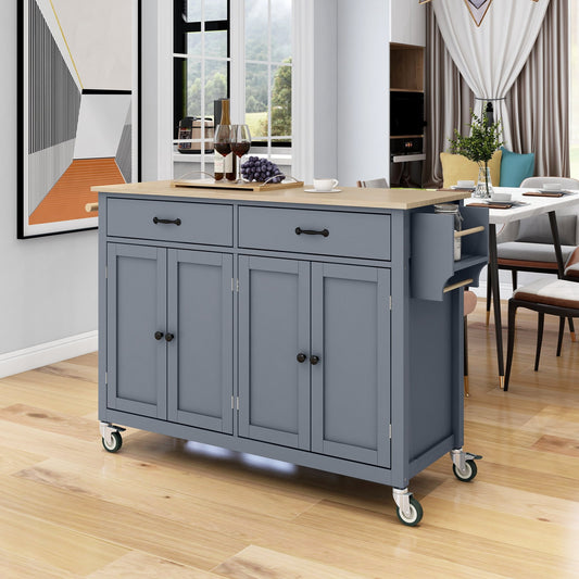 Kitchen Island Cart with Solid Wood Top and Locking Wheels, 54.3 Inch Width, 4 Door Cabinet and Two Drawers, Spice Rack