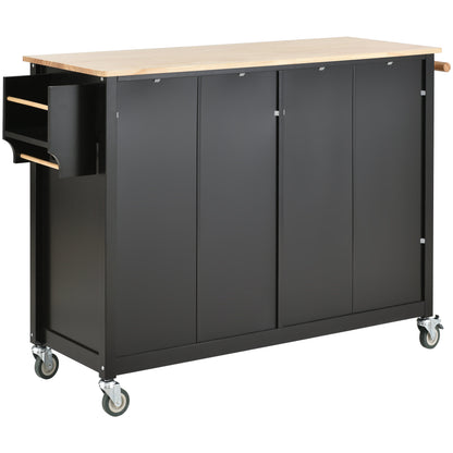 Kitchen Island Cart with Solid Wood Top and Locking Wheels, 54.3 Inch Width, 4 Door Cabinet and Two Drawers, Spice Rack, Towel Rack - Black
