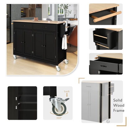 Kitchen Island Cart with Solid Wood Top and Locking Wheels, 54.3 Inch Width, 4 Door Cabinet and Two Drawers, Spice Rack, Towel Rack - Black
