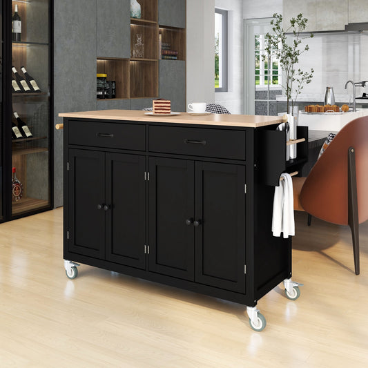 Kitchen Island Cart with Solid Wood Top and Locking Wheels, 54.3 Inch Width, 4 Door Cabinet and Two Drawers, Spice Rack, Towel Rack - Black