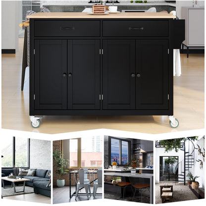 Kitchen Island Cart with Solid Wood Top and Locking Wheels, 54.3 Inch Width, 4 Door Cabinet and Two Drawers, Spice Rack, Towel Rack - Black