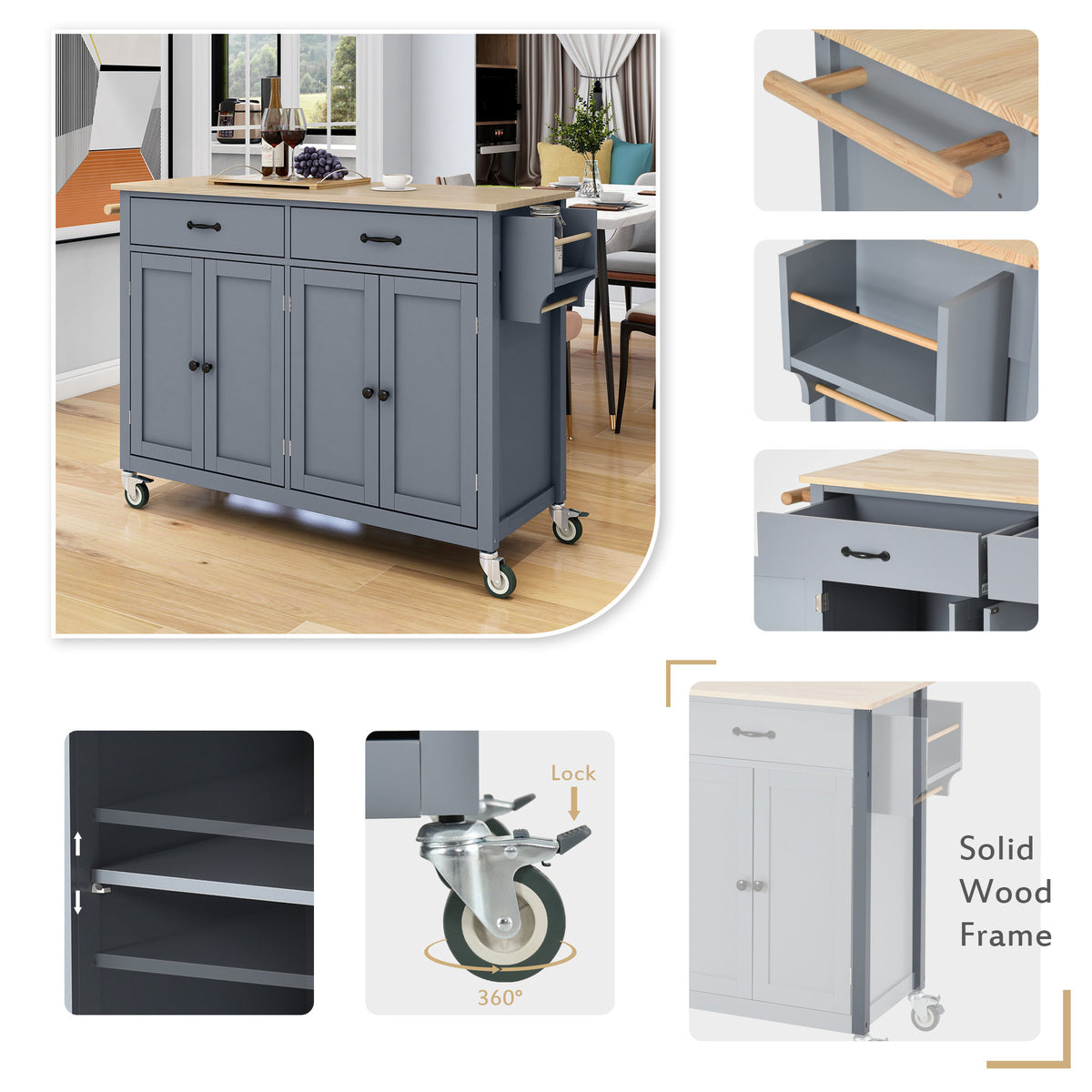 Kitchen Island Cart with Solid Wood Top and Locking Wheels, 54.3 Inch Width, 4 Door Cabinet and Two Drawers, Spice Rack