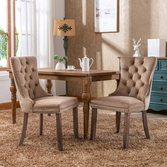 Nikki Collection Modern, High-end Tufted Solid Wood Contemporary Velvet Upholstered Dining Chair with Wood Legs Nailhead Trim 2-Pcs Set – Khaki