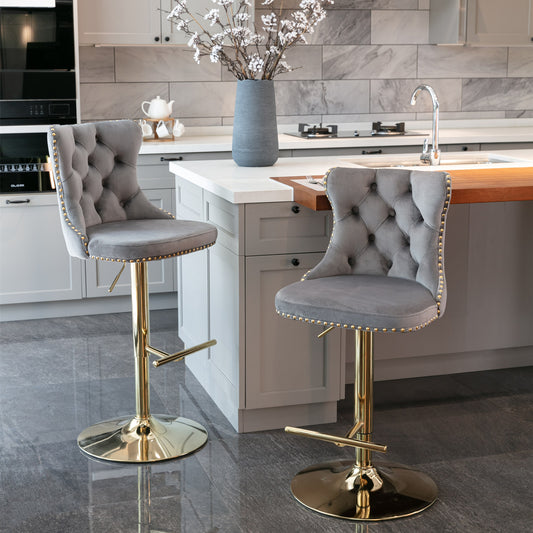 A&A Furniture, Golden Swivel Velvet Barstools Adjusatble Seat Height from 25-33 Inch – Gray
