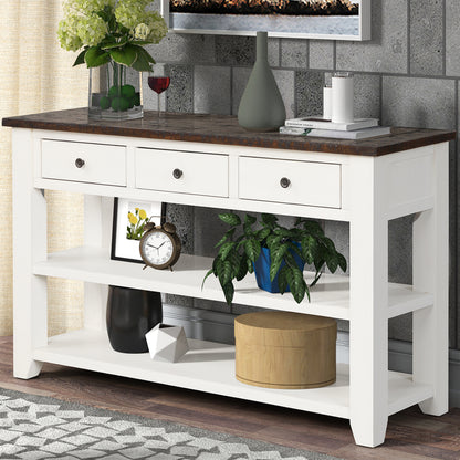 48'' Solid Pine Wood Top Console Table, Modern Entryway Sofa Side Table with 3 Storage Drawers and 2 Shelves. Easy to Assemble (Antique