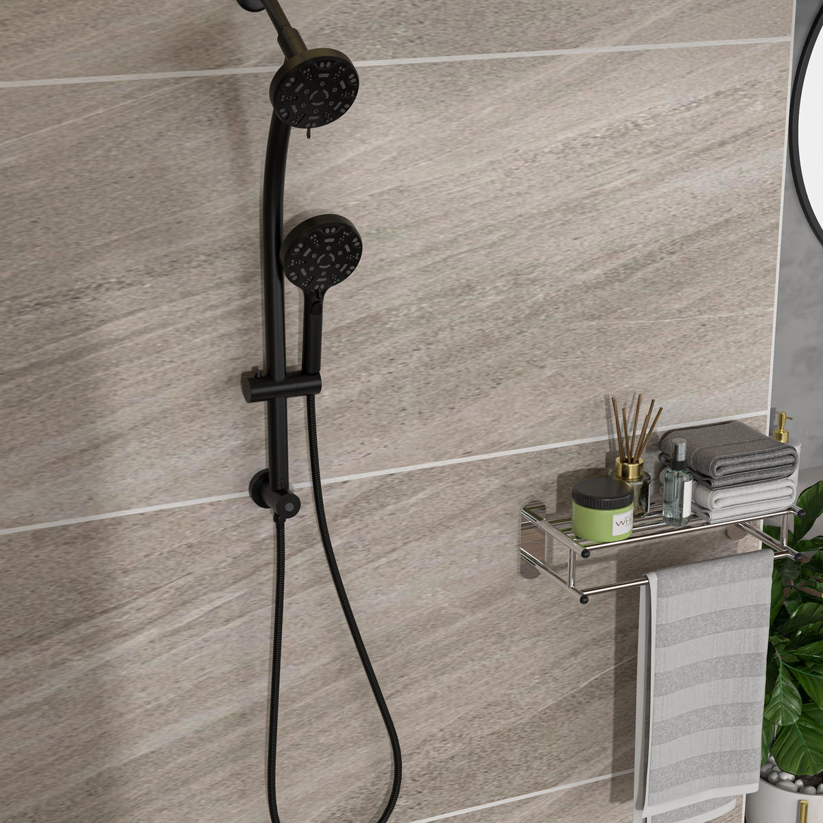 Multi Function Dual Shower Head - Shower System with 4.7" Rain Showerhead, 8-Function Hand Shower, Adjustable Slide Bar, Matte Black