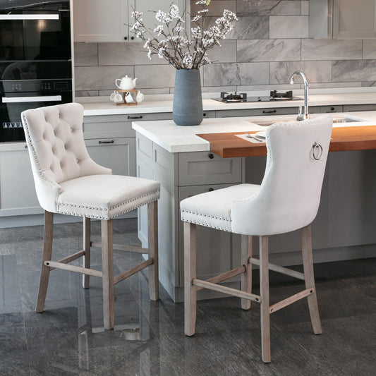 Contemporary Velvet Upholstered Barstools with Button Tufted Decoration and Wooden Legs, and Chrome Nailhead Trim, Leisure Style Bar Chairs - Beige – Beige
