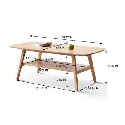 Natural Solid Wood Coffee Table with Storage Shelf, Easy Assembly, Oak Finish, 39.4 Inches