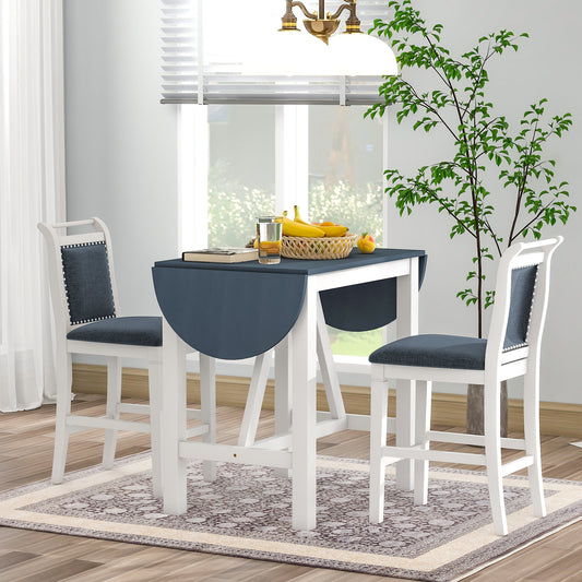 TOPMAX 3-Piece Wood Counter Height Drop Leaf Dining Table Set with 2 Upholstered Dining Chairs for Small Place, White