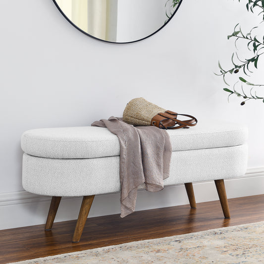 Ottoman Oval Storage Bench, Rubber Wood Legs, White(43.5'x16'x16')