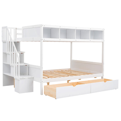 Twin over Full Bunk Bed with Shelfs, Storage Staircase and 2 Drawers, White (OLD SKU: LT000228AAK-1)