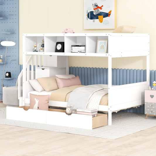 Twin over Full Bunk Bed with Shelfs, Storage Staircase and 2 Drawers, White (OLD SKU: LT000228AAK-1)
