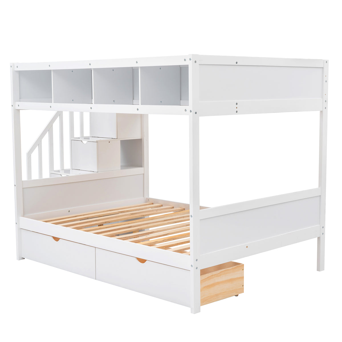 Twin over Full Bunk Bed with Shelfs, Storage Staircase and 2 Drawers, White (OLD SKU: LT000228AAK-1)