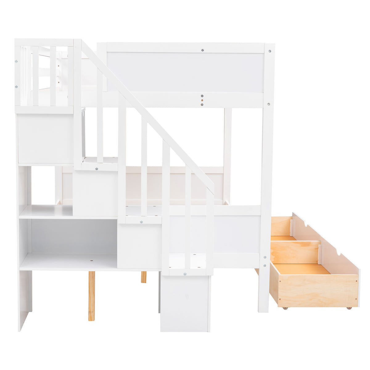 Twin over Full Bunk Bed with Shelfs, Storage Staircase and 2 Drawers, White (OLD SKU: LT000228AAK-1)