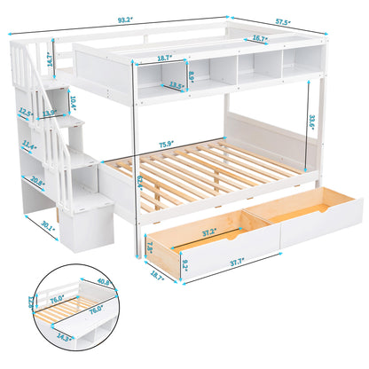 Twin over Full Bunk Bed with Shelfs, Storage Staircase and 2 Drawers, White (OLD SKU: LT000228AAK-1)
