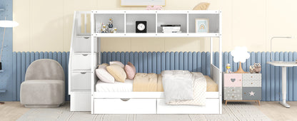Twin over Full Bunk Bed with Shelfs, Storage Staircase and 2 Drawers, White (OLD SKU: LT000228AAK-1)