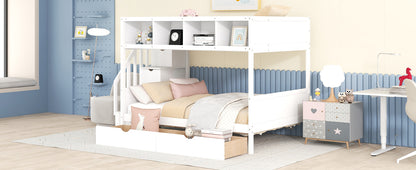 Twin over Full Bunk Bed with Shelfs, Storage Staircase and 2 Drawers, White (OLD SKU: LT000228AAK-1)