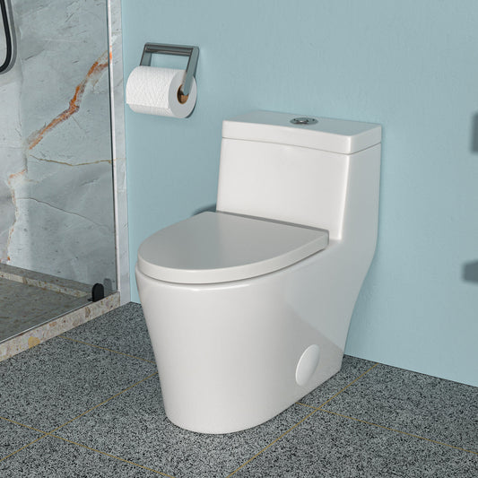 Modern Ceramic One-Piece Toilet with Dual Flush and Soft Closing Seat in White