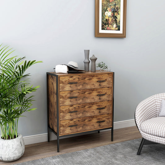 Industrial Style 4 Drawer Dresser, Rustic Brown Wood Storage Dresser Clothes Organizer with Sturdy Steel Frame, Chest with 4 Drawer