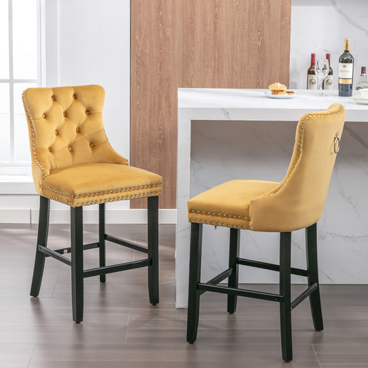 Contemporary Velvet Upholstered Barstools with Button Tufted Decoration and Wooden Legs, and Chrome Nailhead Trim, Leisure Style Bar Chairs – Gold