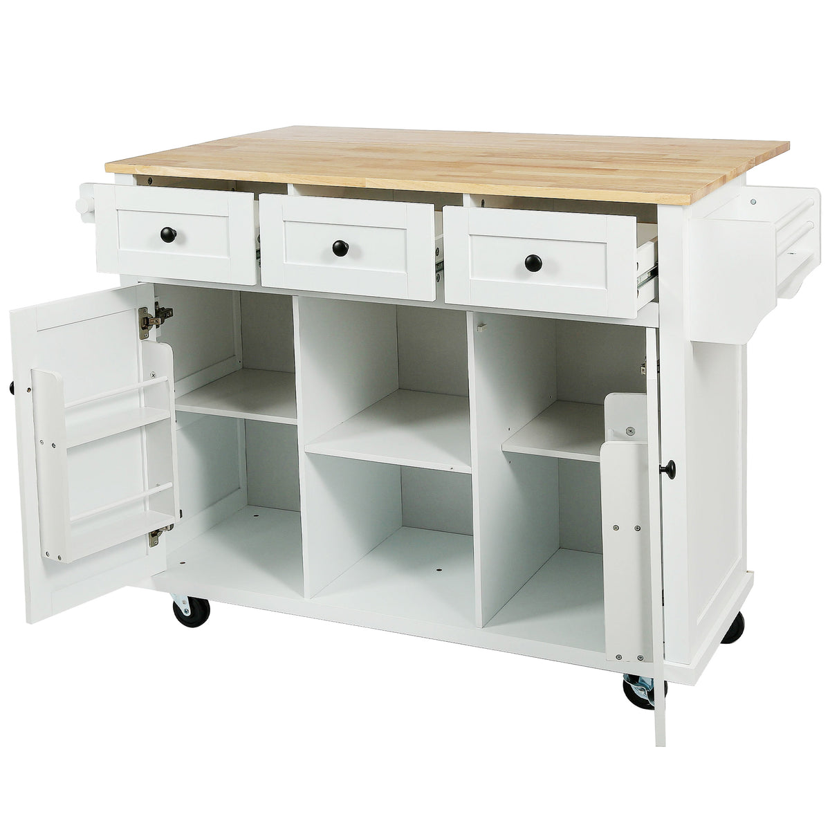 Kitchen Cart with Rubber wood Drop-Leaf Countertop, Cabinet door internal storage racks – White