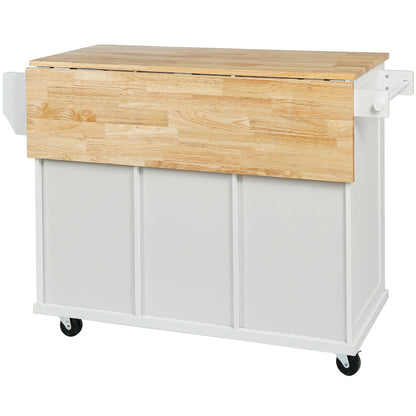 Kitchen Cart with Rubber wood Drop-Leaf Countertop, Cabinet door internal storage racks – White