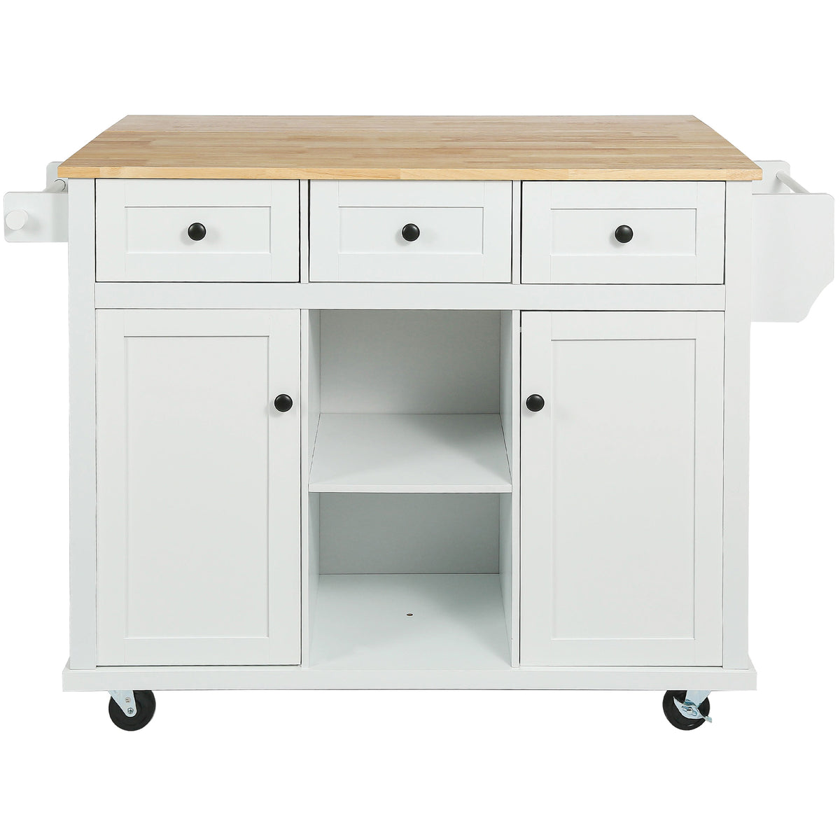 Kitchen Cart with Rubber wood Drop-Leaf Countertop, Cabinet door internal storage racks – White
