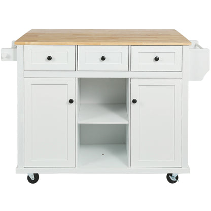Kitchen Cart with Rubber wood Drop-Leaf Countertop, Cabinet door internal storage racks – White